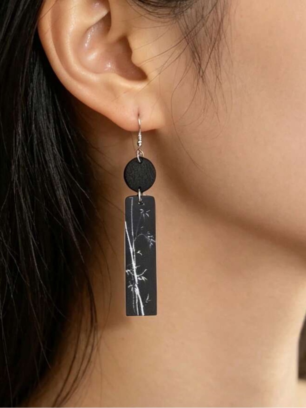 Black Bamboo Print Drop Earrings - Minimalist Women's Jewelry